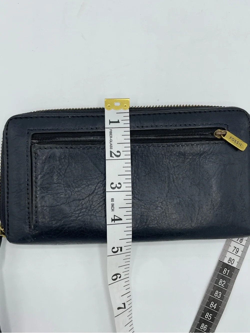 Fossil Black Leather Zip Wristlet with Gold Logo